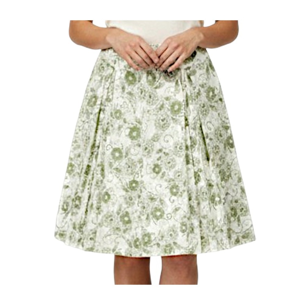 MADISON STUDIOS VTG Y2K Green/Ivory Floral DROPPED PLEATS SILK FLARE SKIRT sz 8
